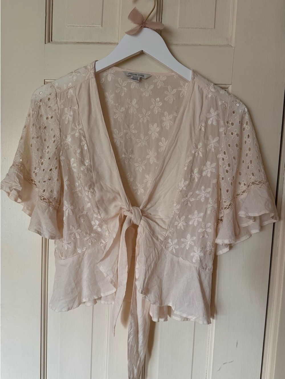 American Eagle Outfitters Cream Tie-Front Lace Blouse